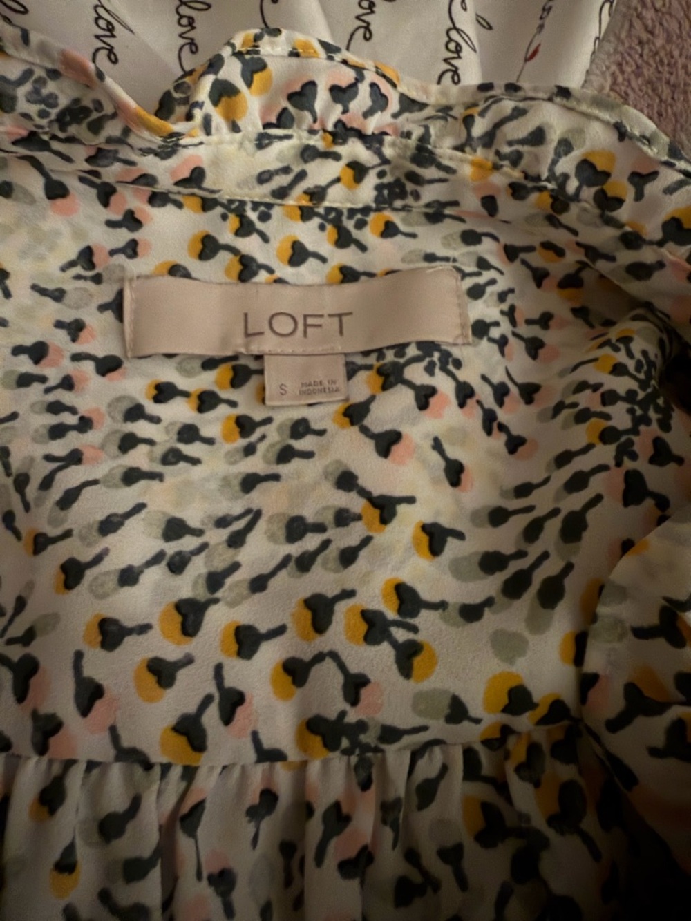 LOFT White Blouse with Yellow, Pink & Gray Spot Print